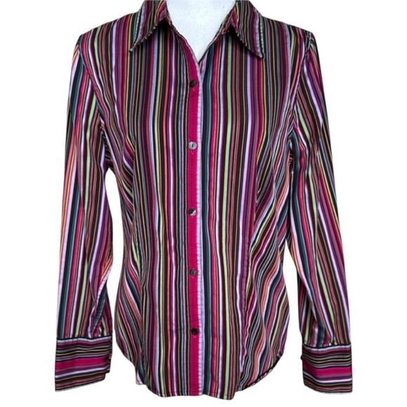 Liz Claiborne Pink Brown Fitted Button Down Shirt Sz 12 Grosgrain Ribbon Accents - Picture 1 of 12